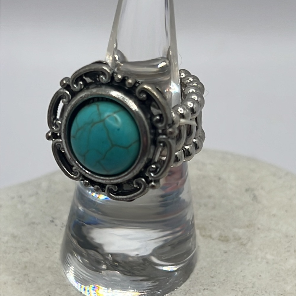 Faux Turquoise Button Stretch Ring. - image 3